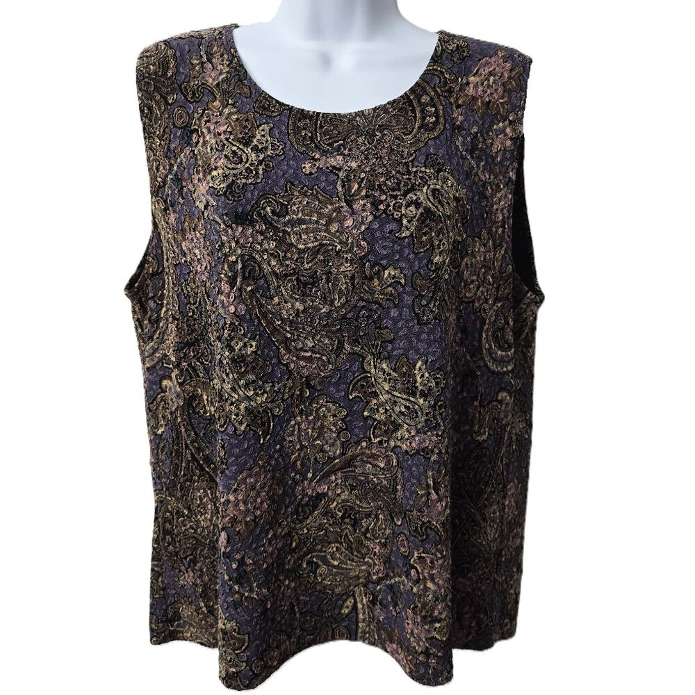 Chico's Crinkle Stretch Cami M 2 Tank Top Textured Floral Paisley Purple Retro